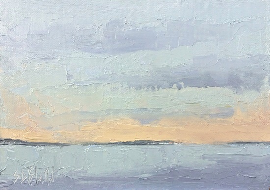 A plein air oil painting of Puget Sound looking north from Ballard.